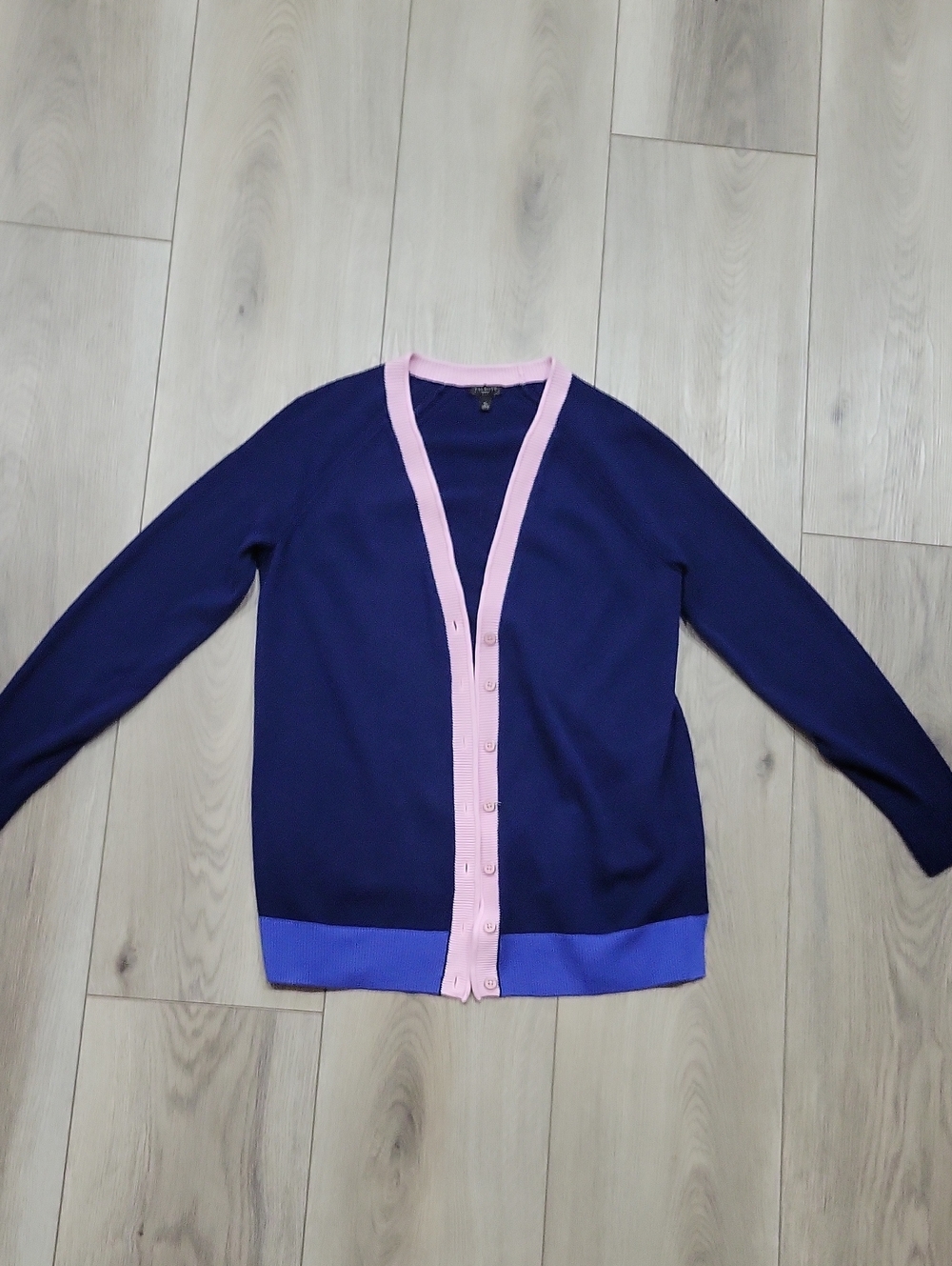 Talbots Navy Cardigan with Pink Trim and Royal Blue Hem
